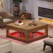 Elara Table + farmhouse-style coffee table with adjustable LED lighting + liqana