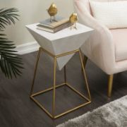 Perla Table + geometric inverted pyramid side table + liqana